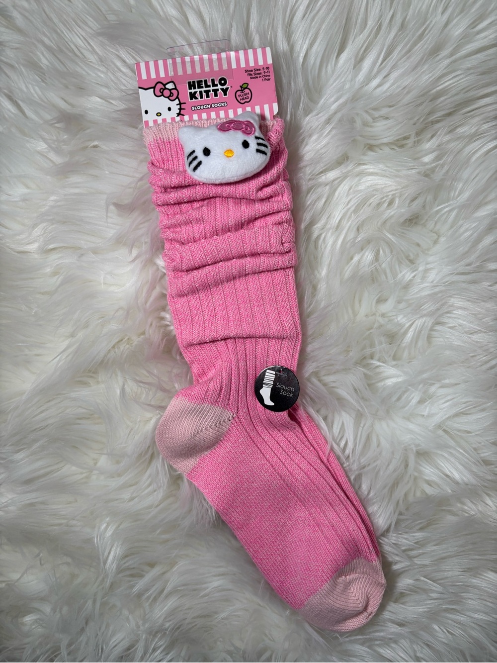 Hello Kitty Pink Ribbed Knee-High Socks with Plush Cuff